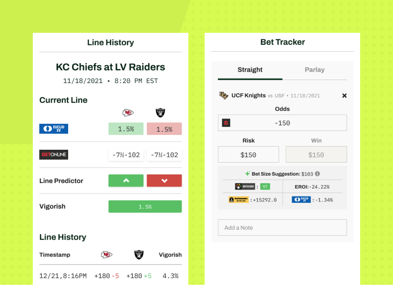 The GamedayMath bet tracker showing a straight bet with odds, risk, and potential win