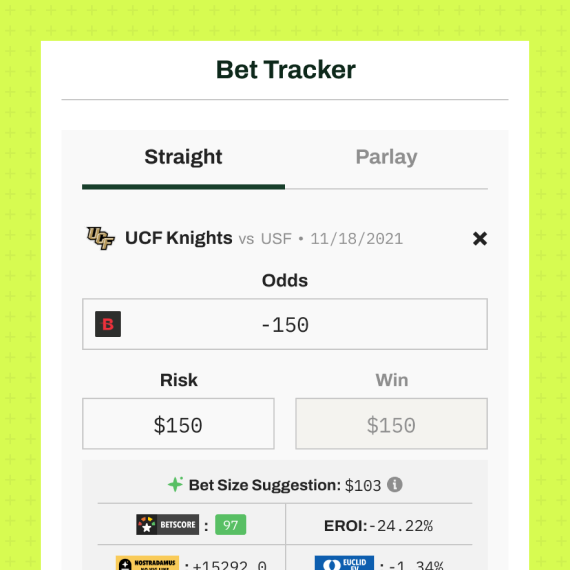 The GamedayMath bet tracker showing a straight bet with odds, risk, and potential win