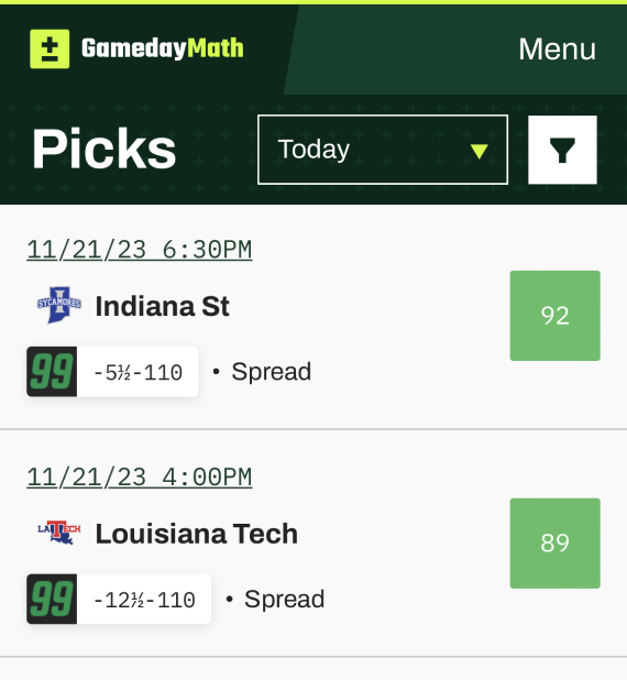 The GamedayMath Picks page listing favorable bets that can be placed across multiple sports and sportsbooks