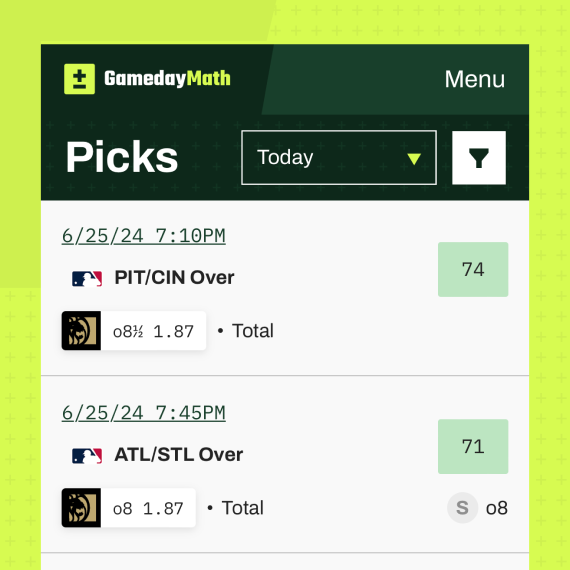 The GamedayMath Picks page listing favorable bets that can be placed across multiple sports and sportsbooks.