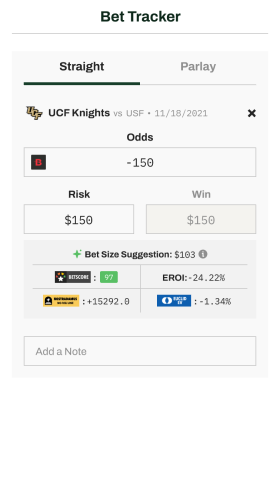 The GamedayMath bet tracker showing a straight bet with odds, risk, and potential win