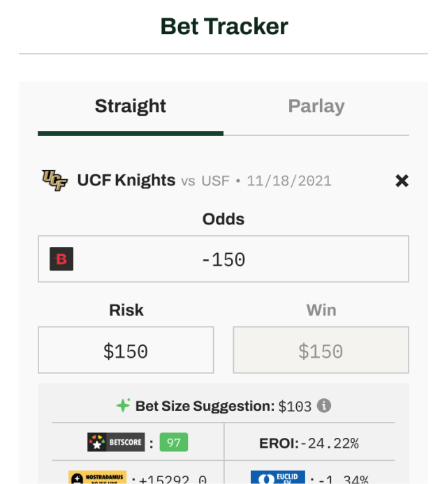 The GamedayMath bet tracker showing a straight bet with odds, risk, and potential win