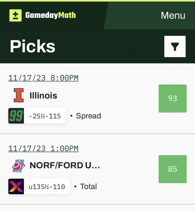 The GamedayMath Picks page listing favorable bets that can be placed across multiple sports and sportsbooks
