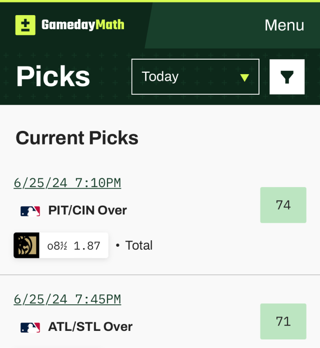 The GamedayMath Picks page listing favorable bets that can be placed across multiple sports and sportsbooks