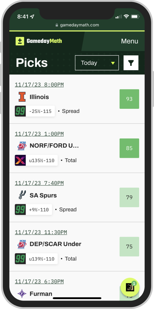 The GamedayMath Picks page on an iPhone listing favorable bets that can be placed across multiple sports and sportsbooks